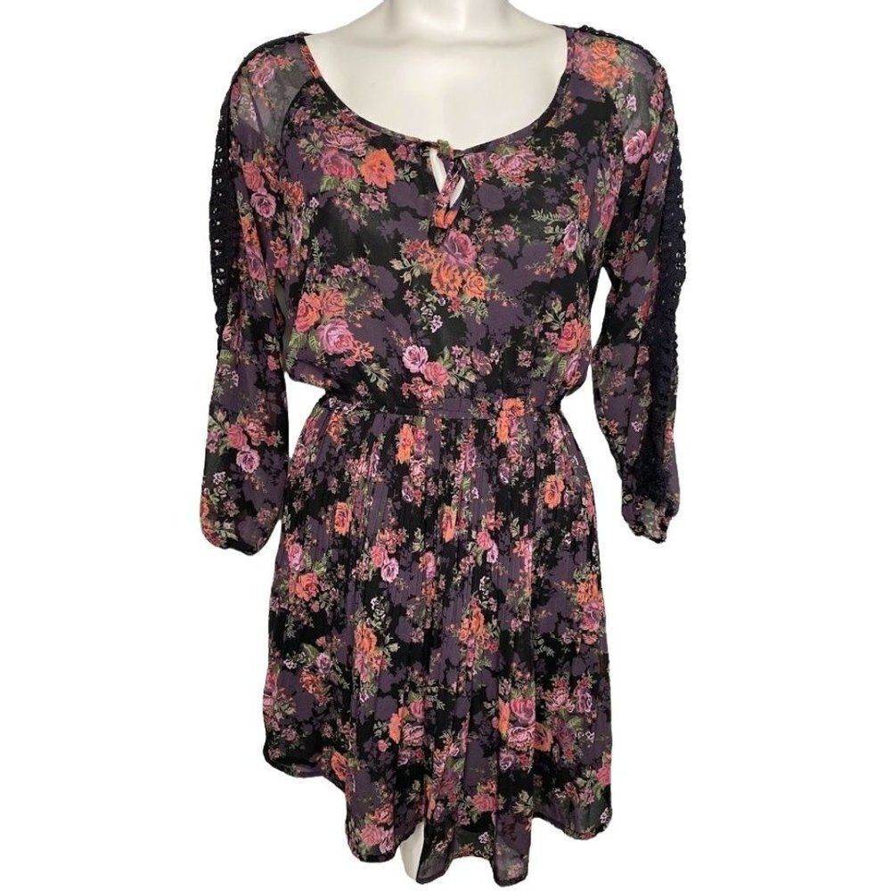American Rag cie Dress Womens MEDIUM Black Purple Pink Green Long Sleeve Chiffon